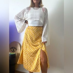 LOFT Yellow/Cream Print Midi Skirt
